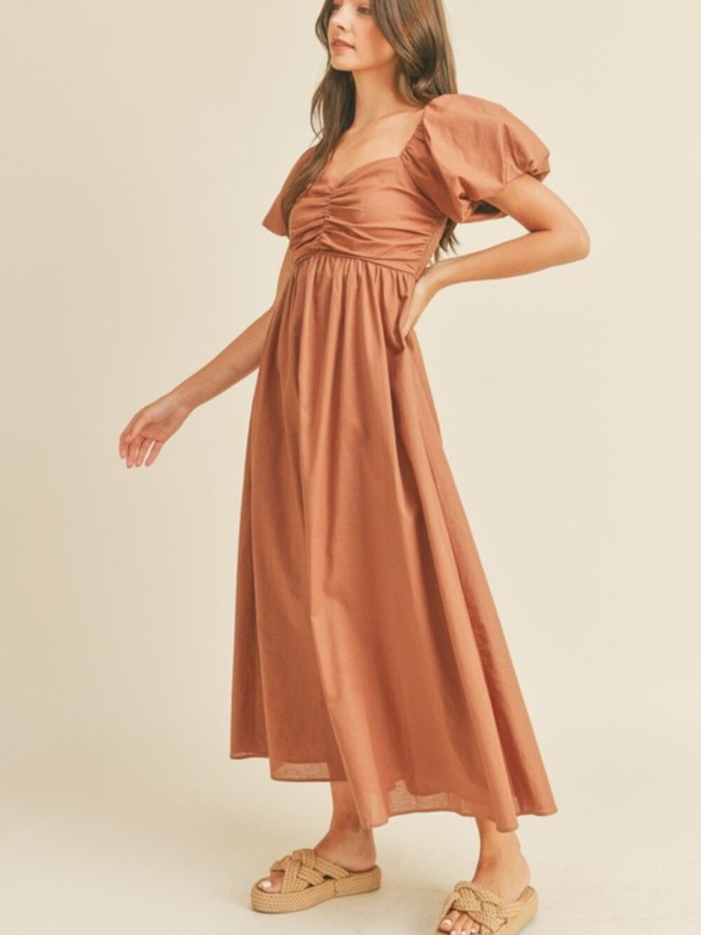 Puff-Sleeve Midi Dress in Rusty Brown